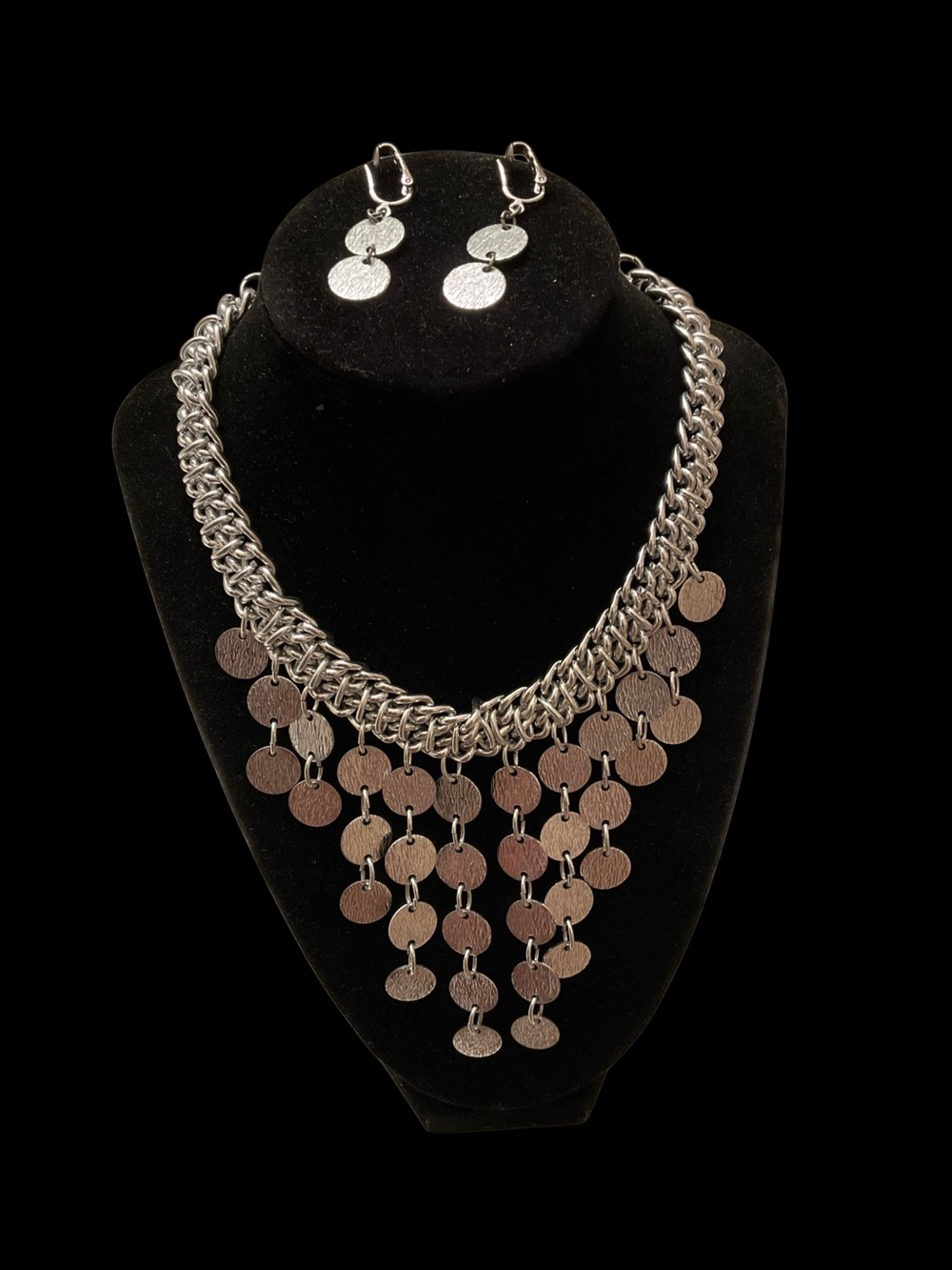 Sarah Coventry Vintage Silver-Tone Cascading Disc Necklace & Earrings (clip)